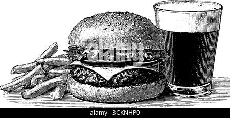 Klassische gravierte Illustration von Burger, Bier und Pommes frites für die Menügestaltung. Stock Vektor