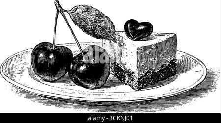 Gravierte Dessert-Illustration mit Käsekuchen und Kirschen für kulinarische Kunst und Design. Stock Vektor