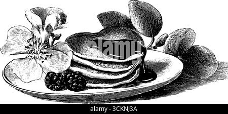 Romantisches Frühstückskonzept mit Herzpfannkuchen und Beeren-Gravur. Stock Vektor