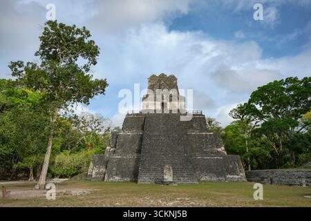 Flores, Guatemala - 12. Juni 2025: Tempel der Masken in Tikal, Ruinen einer alten Maya-Stadt in Flores, Département Peten, Guatemala. Stockfoto