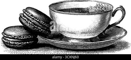 Gravierte Vintage-Teetasse mit Macarons-Illustration für Print-Design. Stock Vektor