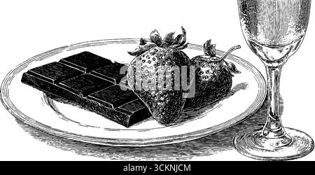 Gravierte Illustration von dunkler Schokolade und Erdbeeren mit Champagner. Stock Vektor