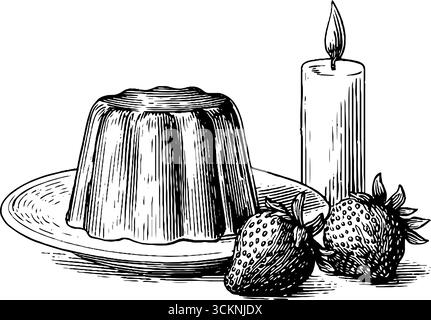 Gravierte Dessertkunst: Panna Cotta mit Erdbeeren und Kerzenkomposition. Stock Vektor