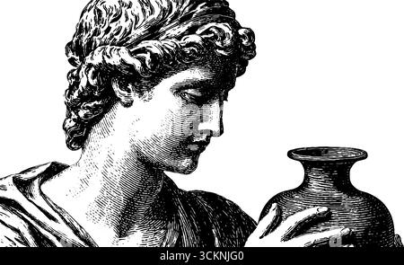 Gravierte Illustration einer klassischen Frauenstatue mit Vase für historische Kunstgestaltung. Stock Vektor