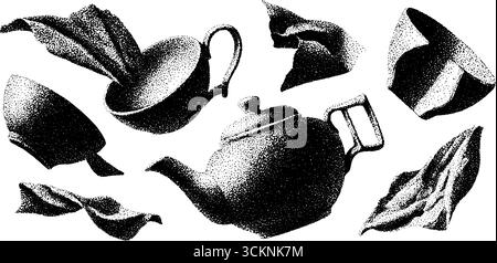 Vintage-gravierte Illustration von zerlegten Teekannen-Komponenten für Design- und Kunstprojekte. Stock Vektor
