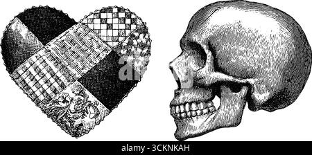 Aufwändige Gravur von Patchwork Herz und Schädel für Kunst- und Designprojekte. Stock Vektor