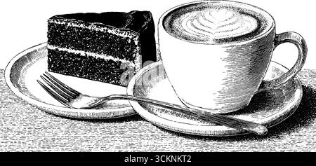 Gravierte Abbildung einer Schokoladenkuchenscheibe mit Cappuccino auf dem Tisch. Stock Vektor