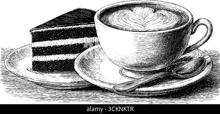 Vintage-Gravur mit Schokoladenkuchenscheibe und Cappuccino für Café-Dekor. Stock Vektor