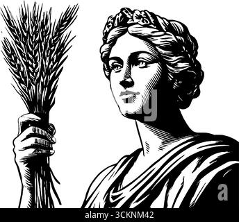 Gravierte Illustration von demeter, der Weizen hält, symbolisiert Landwirtschaft und Ernte. Stock Vektor