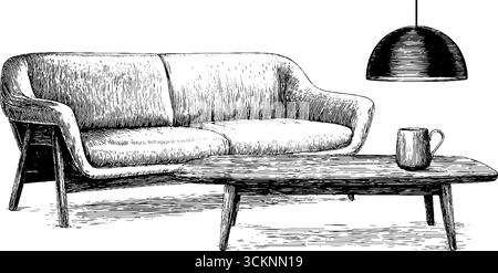 Illustration moderner Möbel aus der Mitte des Jahrhunderts mit Design-Elementen für Sofa und Tisch. Stock Vektor