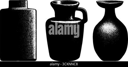 Graviertes Illustrationsset mit brutalistischen Block- und Vasenmustern für künstlerische Inspiration. Stock Vektor