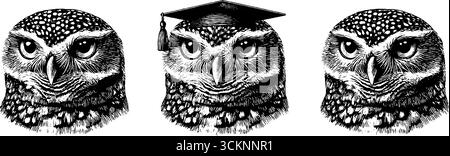 Gravurset für akademische Eulen mit Graduierungskappe für pädagogisches Design. Stock Vektor