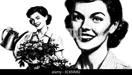Vintage-Gravur mit Blumenliebhabern mit lächelnder Frau mit Blumen und Gießkanne. Stock Vektor