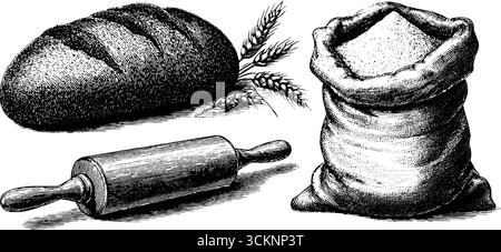 Rustikales Brot und Backwerkzeuge: Gravierte Illustrationen für kulinarische Designs. Stock Vektor