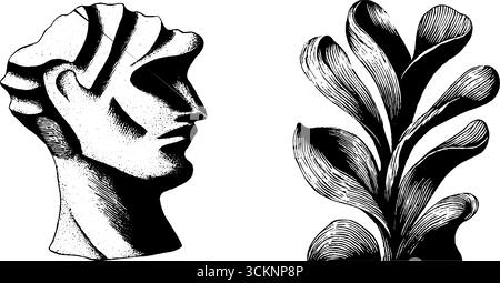 Minimalistisch eingravierte Kunst mit abstrakter Brust und Bio-Blättern. Stock Vektor