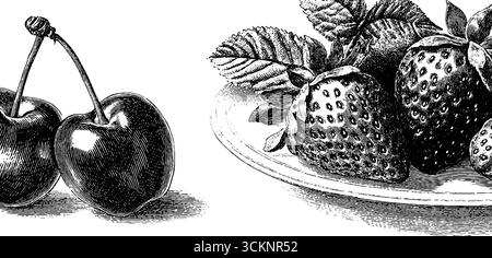 Detaillierte gravierte Illustration von frischen Kirschen und Erdbeeren für kulinarische und künstlerische Designs. Stock Vektor
