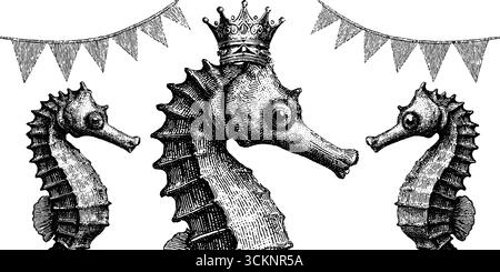 Seepferdchen-Illustration mit Gravur und Krone für nautisches Design. Stock Vektor