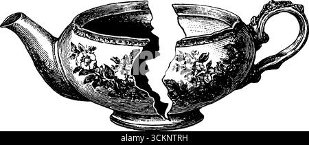 Teekanne mit Gravur und zweiteiligem Band für Vintage-Dekor und Design-Projekte. Stock Vektor