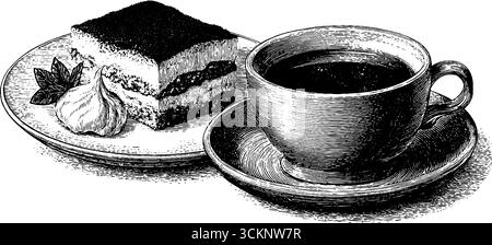 Gravierte Illustration von Tiramisu und Kaffee für kulinarische Designprojekte. Stock Vektor