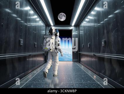 Konzeptuelle Darstellung eines Astronauten beim Verlassen eines Weltraumaufzugs. Es handelt sich um ein Transportsystem, mit dem Fracht von der Oberfläche eines Planeten in den Weltraum transportiert werden kann, und zwar über ein Kabel oder Kabel, das am Boden verankert ist und sich in die Umlaufbahn erstreckt. Stockfoto