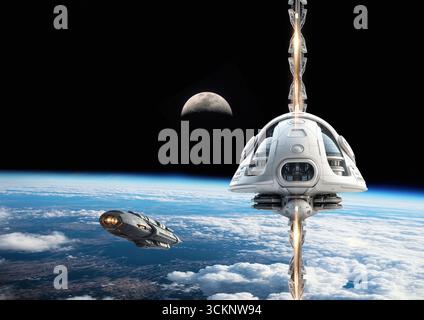 Konzeptuelle Darstellung eines Weltraumaufzugs. Es handelt sich um ein Transportsystem, mit dem Fracht von der Oberfläche eines Planeten in den Weltraum transportiert werden kann, und zwar über ein Kabel oder Kabel, das am Boden verankert ist und sich in die Umlaufbahn erstreckt. Stockfoto
