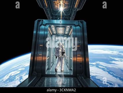Konzeptuelle Darstellung eines Astronauten in einem Weltraumaufzug. Es handelt sich um ein Transportsystem, mit dem Fracht von der Oberfläche eines Planeten in den Weltraum transportiert werden kann, und zwar über ein Kabel oder Kabel, das am Boden verankert ist und sich in die Umlaufbahn erstreckt. Stockfoto
