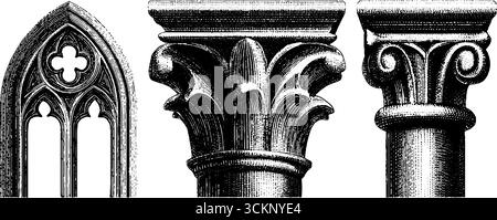 Gotische Architekturelemente: Detaillierte Gravuren von Bögen und Säulen für Design. Stock Vektor