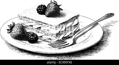 Vintage gravierte Mille Feuille Dessert Illustration mit Beeren auf Teller. Stock Vektor