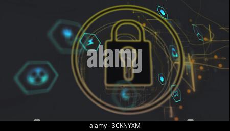 Animiert das goldene Vorhängeschloss in leuchtenden Ringen auf digitalen Netzwerkleitungen mit blauen Sechsecksymbolen Stockfoto