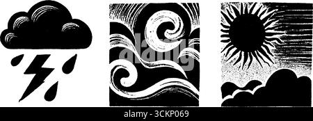 Neo Folk Art Stil: Set aus Sturmwolken und Sonnenillustrationen. Stock Vektor