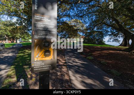 Ein Pfad führt die Besucher durch einen malerischen Park mit einem Informationsschild unter hohen Bäumen, Observatory Hill Park, Millers Point, Sydney Stockfoto