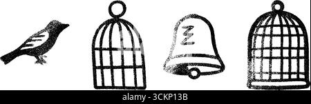 Skurrile Skizzen von kanarienvogel und Käfig mit Glockenmotiv für kreatives Design. Stock Vektor