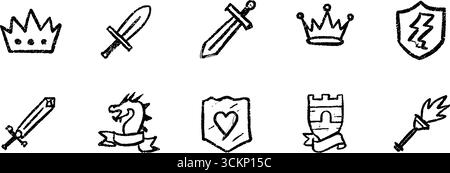 Skurrile Skizzen: Kronen, Schwerter, Schilde und Fantasy-Elemente für kreative Designs. Stock Vektor