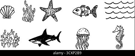 Skurrile Skizzen für Meereslebewesen mit Muscheln, Seesternen, Fischen und Meeresbewohnern für kreative Designprojekte. Stock Vektor