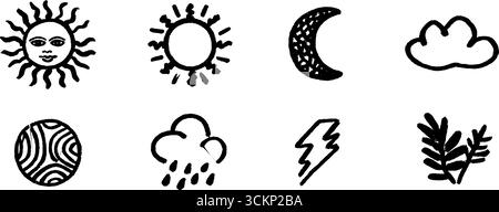 Skurrile Skizzen mit Sonnenmondwolken und Wettersymbolen für kreatives Design. Stock Vektor