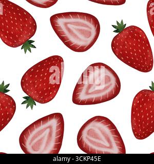 Nahtloses Erdbeermuster in Wasserfarben. Ganze und halbe Erdbeeren auf weißem Hintergrund. Perfekt für Sommermotive, kulinarische Illustrationen oder süße Projekte Stockfoto