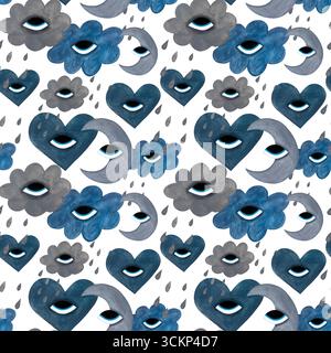 Nahtloses Muster aus Wolken- und Mondfarben. Graue, blaue Wolken und Monde mit Augen auf weißem Hintergrund. Stockfoto