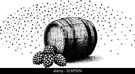 Hyper-detailgetreue Tintenstickerei aus Holzschaft mit Hopfen im Halbton-Stil für Plakate. Stock Vektor