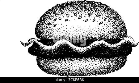Hyper detaillierte Tusche Illustration eines Burgers mit Halbtonstruktur für Design. Stock Vektor