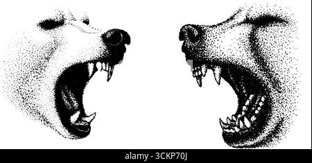 Komplizierte Tuschkunst mit zwei brüllenden Bären mit Halbtondetails. Stock Vektor