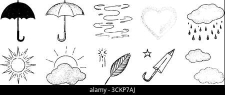 Skurrile Skizzen von Regenschirmen und verschiedenen Objekten für kreative Designs. Stock Vektor