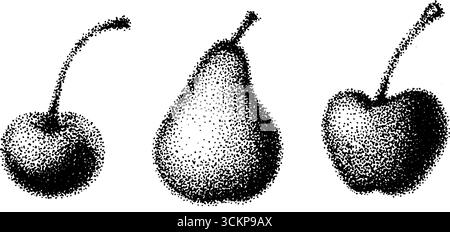 Hyper detaillierte Tusche Illustration von Früchten mit Birnen und Kirschen. Stock Vektor
