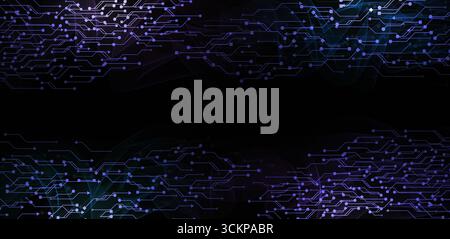 Futuristischer Technologiehintergrund mit abstraktem Schaltungsfluss und digitaler Neonwelle, ideal für Präsentationsvorlagen, Fintech, Blockchain, Big dat Stockfoto