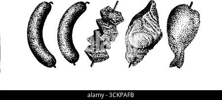 Sehr detaillierte Illustration von Tintenflecken mit Würstchen, Spießen und gekochtem Fleisch. Stock Vektor