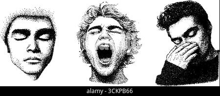 Sehr detaillierte Abbildungen ausdrucksstarker Gesichter in einzigartigen Posen. Stock Vektor