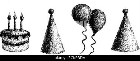 Hyper-detailgetreue Tusche-Illustration von Elementen zur Geburtstagsfeier. Stock Vektor