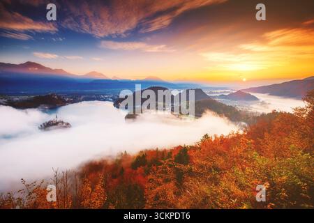 Aus der Vogelperspektive auf die Insel auf dem Alpensee Bled vom Aussichtspunkt Osojnica. Tolle und wunderschöne Morgenszene. Beliebte Touristenattraktion. Lage berühmt p Stockfoto