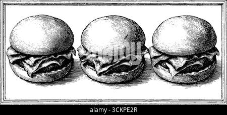 Vintage-drei Slider mit Mini-Brötchen und Patties für kulinarisches Design. Stock Vektor