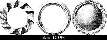 Künstlerische abstrakte Designs mit gebrochenem Zickzack und verzierten Hohlkreisen. Stock Vektor