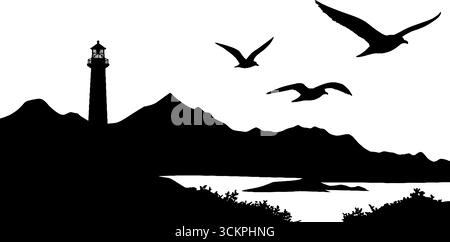 Leuchtturm und Möwen Silhouette mit Küstengrenzszene. Stock Vektor